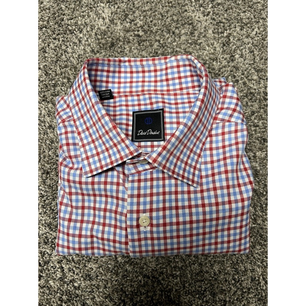 David Donahue Men's Dress Shirt 17 34/35 Red Blue Plaid 100% Cotton Button Up